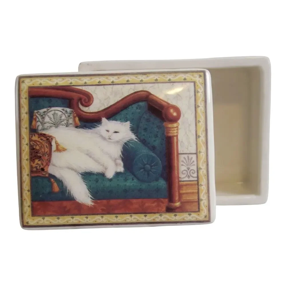 White Persian Cat Ceramic Trinket Box Rectangular Jewelry Keepsake Dish Lid 7oz